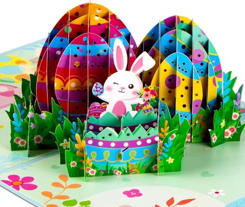 SICOHOME Tarjetas desplegables de Pascua – Tarjetas de felicitación de Pascua 3D con sobres para niños y adultos, 6 x 8 pulgadas, huevos de conejo,