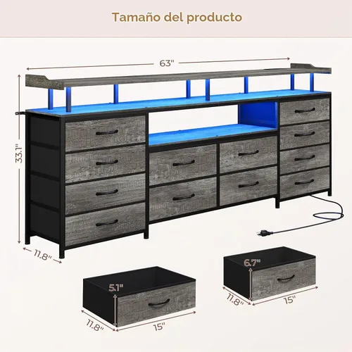 Vista 2 de HAUOMS Soporte de TV Cómoda para TV de 65 Pulgadas, 63" de Ancho con Luces LED y Tomas de Corriente, Cómoda Larga Gris con 12 Cajones de Tela