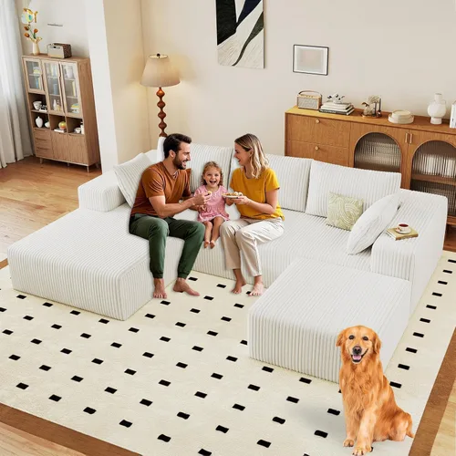 Vista 9 de Sofá modular de 95 pulgadas con otomana, moderno sofá nube de pana con asiento profundo, sofá sin hueso tapizado de 3 plazas en forma de U para sala