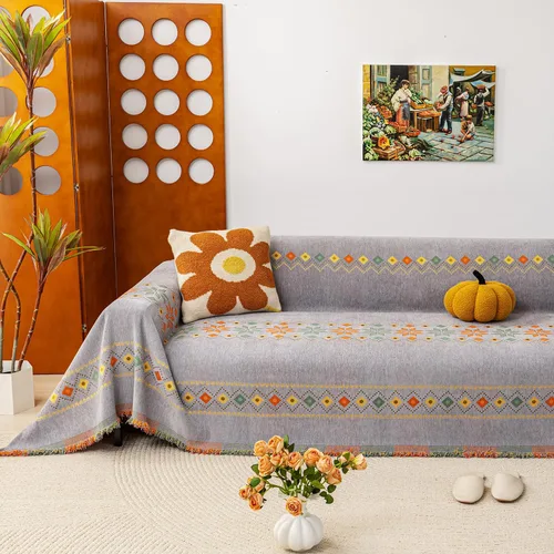 Vista 8 de Funda de sofá bohemia de chenilla, suave, apta para mascotas, protector de muebles multiusos con borlas, lavable para sofá de 3 cojines