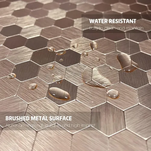 Vista 7 de Azulejo hexagonal para salpicaduras de pelar y pegar, azulejos de pared de aluminio cepillado de cobre claro para cocina (12 hojas)