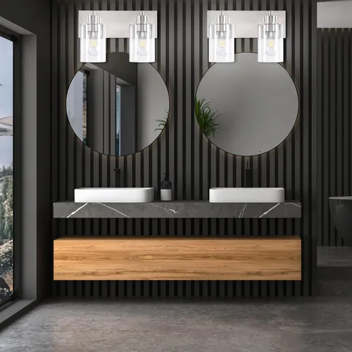 Vista 8 de Lámparas de baño, lámpara de tocador de 2 luces de níquel cepillado, apliques de pared modernos con pantalla de vidrio transparente para pasillo
