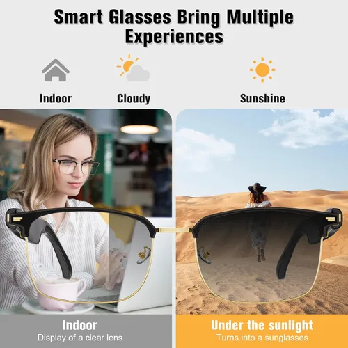 Vista 3 de Gafas inteligentes, gafas con filtro de luz azul, gafas de sol Bluetooth, lente fotocrómica, micrófono y altavoz integrados (GS13-dorado+marco negro)
