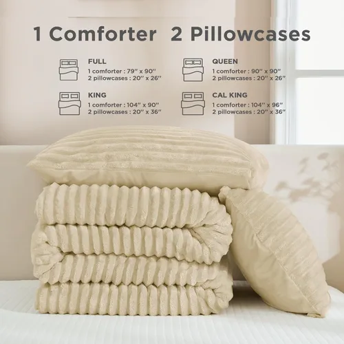 Vista 7 de Juego de edredón de forro polar Andency Queen, juego de 3 piezas de edredón beige para cama tamaño Queen, juego de ropa de cama suave, cálido