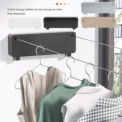 Vista 7 de CHICIRIS Tendedero retráctil, línea de lavandería retráctil, doble línea de ropa de acero inoxidable, montaje en pared retráctil para secado de ropa