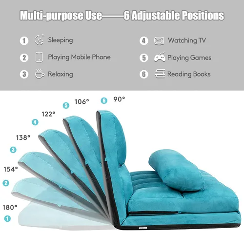 Vista 10 de DORTALA Sofá de suelo plegable, sofá de descanso ajustable de 6 posiciones con 2 almohadas y funda de tela de gamuza, moderno colchón de sala