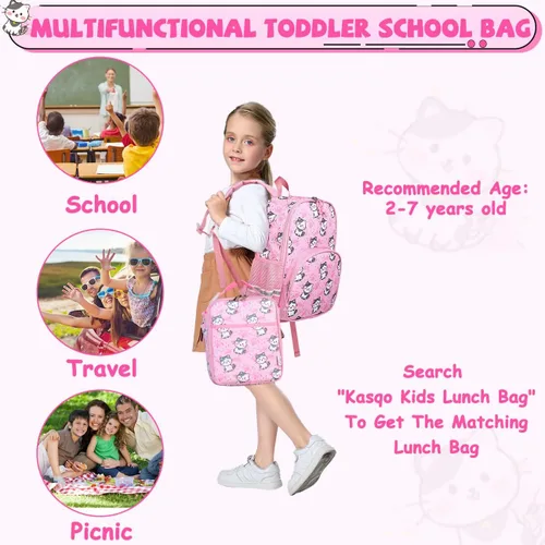 Vista 7 de Kasqo - Mochila infantil para niños pequeños y niñas de 3 a 6 años, Rosa (Pink Cat), Mochilas tipo mochila