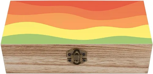 Vibrant Rainbow Colored Wave Wooden Storage Box (7.9" X 3.9" X 2.3"),Vintage Wooden Jewelry Box with Hinged Lid Natural Wood Keepsake Storage Boxes,