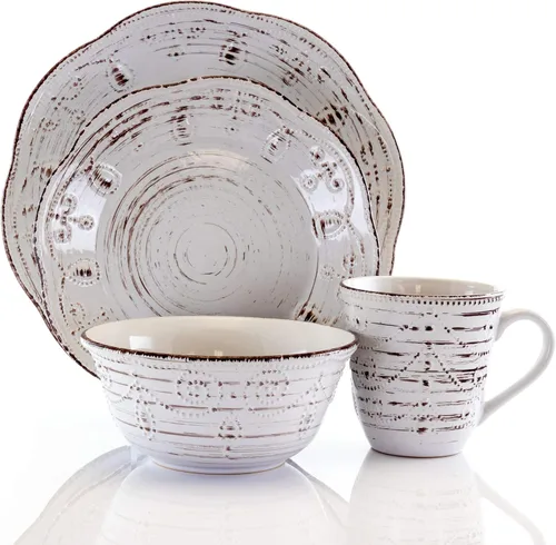 Vista 2 de Elama Rustic Birch - Juego de vajilla redonda de cerámica festoneada en relieve de 16 piezas, color blanco con detalles marrones