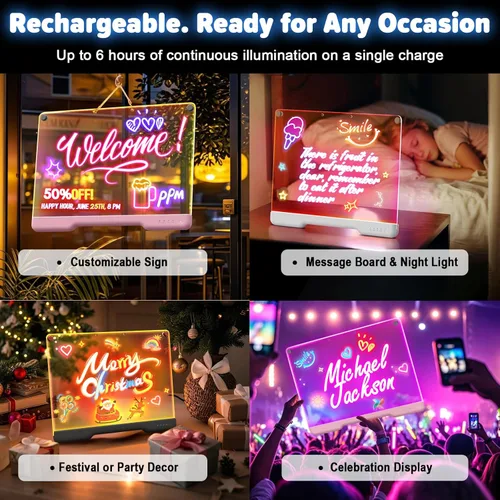 Vista 3 de Tablero de notas LED recargable de 16 pulgadas, 7 modos de luz de color, almohadilla de dibujo de borrado en seco de neón con soporte integrado