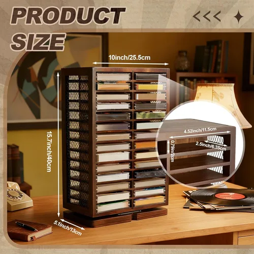 Vista 2 de Ripeng Soporte para cinta de casete, 56 de capacidad, 360°, estante de almacenamiento de doble cara, estante de almacenamiento de metal y madera