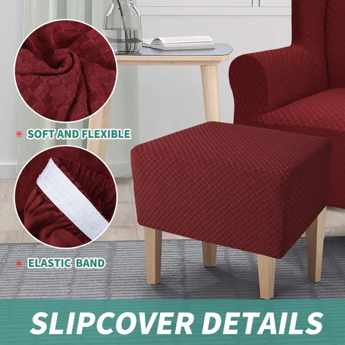 Vista 5 de YEMYHOM 1 funda elástica para silla con respaldo de ala + funda otomana de tamaño pequeño (rojo vino)