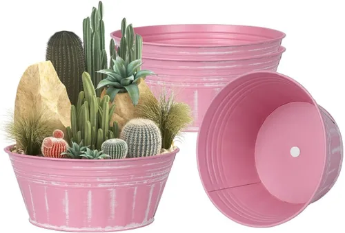 Vista 8 de vensovo Macetas rústicas de metal marrón de 10 pulgadas – 4 macetas grandes galvanizadas poco profundas con orificio de drenaje y tapón de goma