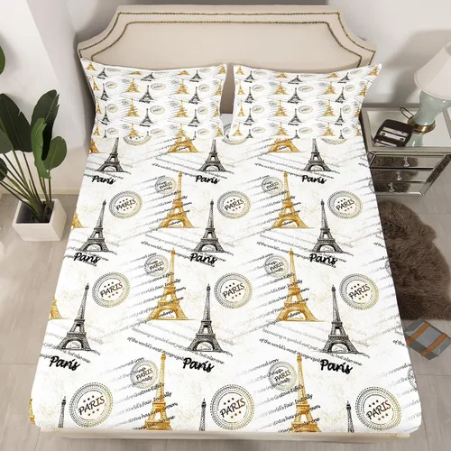 Vista 9 de Juego de sábanas de la Torre Eiffel, tamaño individual, sábanas decorativas de París con bolsillo profundo, sábana bajera ajustable para niños