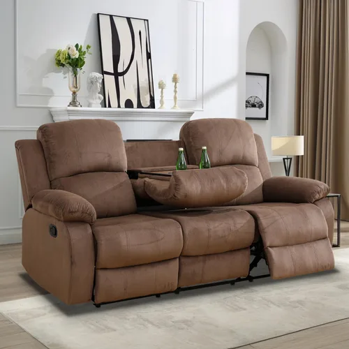 Vista 20 de Juego de Muebles para Sala de Estar, Juego de Sofá Reclinable Manual, Juegos de Sofás Reclinables de Cuero Beige con Mesa Desplegable, Sofá