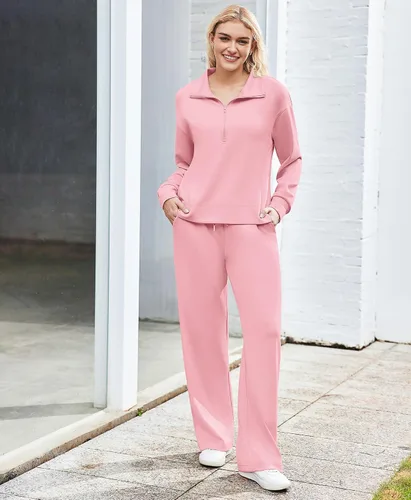 Vista 6 de PINSPARK Conjunto de 2 piezas para mujer con cremallera de 12, sudadera de ajuste holgado, pantalones de pierna recta, traje a juego para otoño