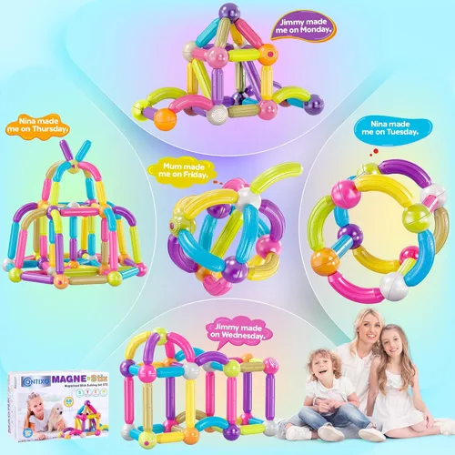 Vista 6 de Contixo ST2 Kids Magnetic Stix Stick 68 piezas de bloques de construcción 3D STEM Construcción, Tableros de juego creatividad, imaginación