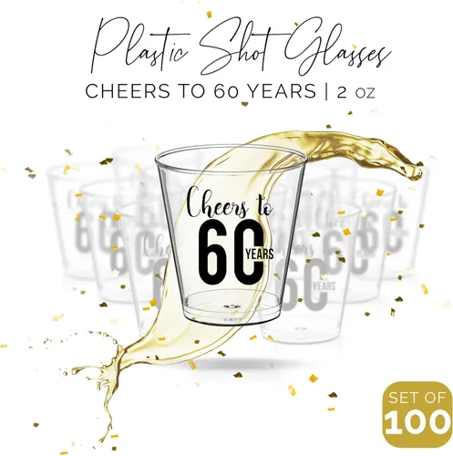 Vista 5 de Vasos de chupito de Cheers to 60 años – 100 unidades, vasos desechables de 2 onzas, regalos de fiesta de cumpleaños 60 para invitados, decoraciones
