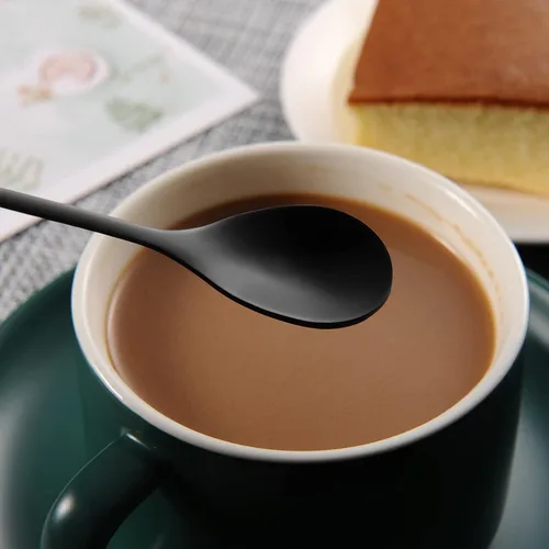 Vista 5 de AnSaw 6 cucharaditas elegantes de mango largo de hoja negra, cucharas de acero inoxidable de 7.4 pulgadas para café y té, perfectas para mezclar