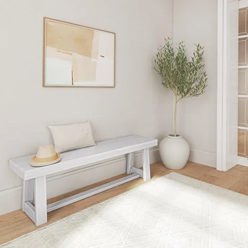 Vista 84 de Plank+Beam Banco de Comedor de Granja de 60 Pulgadas, Banco de Entrada de Madera Maciza, Banco de Madera para Exteriores, Asiento de Comedor