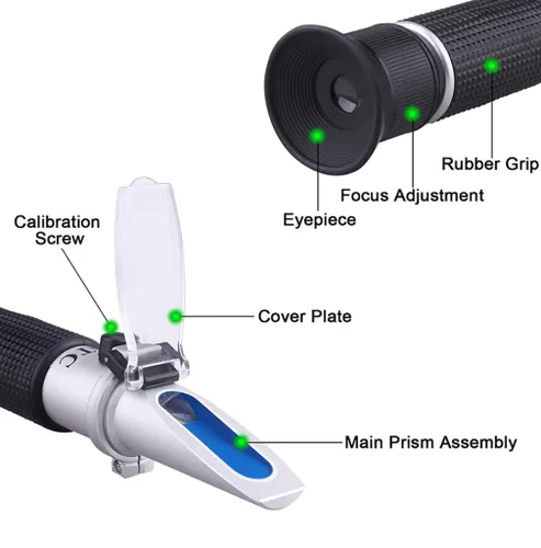 Vista 2 de Refractómetro Brix con refractómetro digital ATC de mano para hierba casera, cerveza, vino, fruta, azúcar, gravedad específica de doble escala