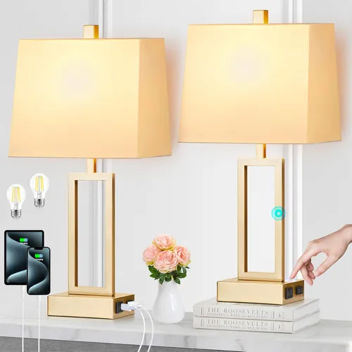 Vista 9 de Rinweey Juego de 2 lámparas de mesa con control táctil, modernas lámparas de noche doradas con puertos USB A+C y salida de CA, lámparas de mesita