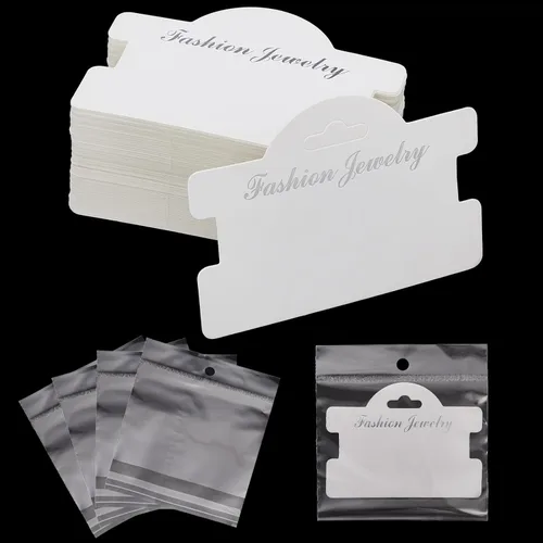 Vista 7 de Fulmoon 100 tarjetas de exhibición de pulseras para vender joyas de 3.94 x 2.83 pulgadas, tarjetas colgantes con bolsas de 4.33 x 5.51 pulgadas