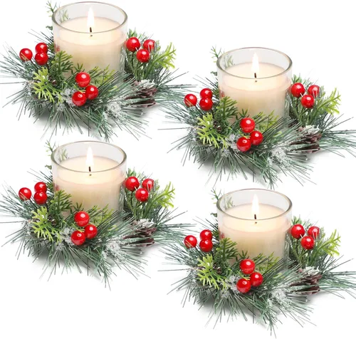 Anillo de Vela de Navidad, 4 Piezas Velas Votivas con Bayas Rojas y Piña, Anillo de Vela de Navidad para Decoración de Centro de Mesa de Boda y