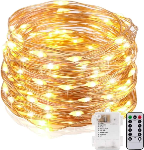 Vista 8 de Cadena de luces, luces LED de alambre de cobre, cada juego de 33 pies/32.8 ft 100 LED y 9 controles remotos. Funciona con pilas AA, luces Rojo