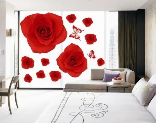 Createforlife Decoración para el hogar Arte Vinilo Mural Pegatina Etiqueta de Rosa Roja Flores Mariposa Papel