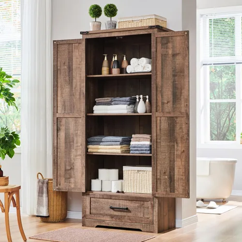 Vista 26 de Armario estilo casa de campo para despensa de cocina, muebles de madera de 72 pulgadas de alto con estantes ajustables, 2 puertas tipo granero