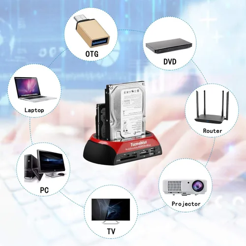 Vista 6 de Estación de acoplamiento para disco duro, TCC-S862-US USB 2.0 a 2.5 3.5 pulgadas SATA IDE Dual Slots Caja externa con lector de tarjetas todo en 1