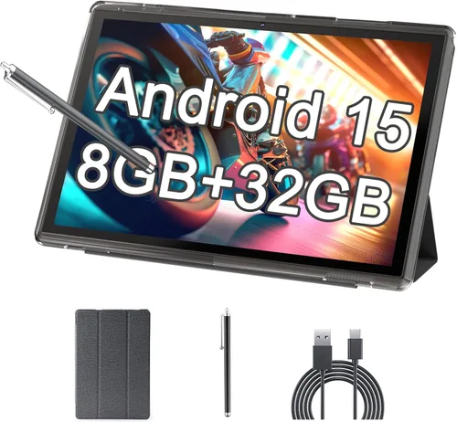 Tableta de 10 pulgadas Android 15 con funda, 6GB RAM+32GB ROM+1024GB expansión, batería de 6000mah, cámara dual 2MP+8MP WiFi-6, pantalla táctil IPS