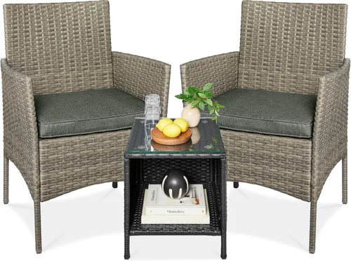 Vista 21 de Best Choice Products - Juego de 3 piezas de muebles de mimbre para conversación de patio, ahorrador de espacio, para jardín, con mesa auxiliar