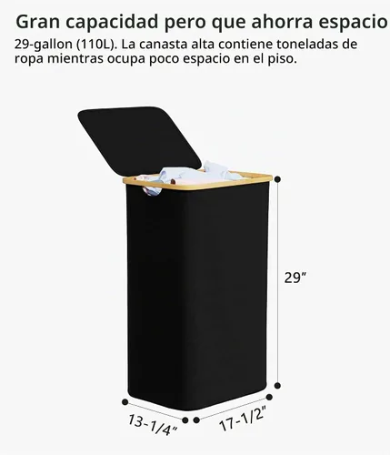 Vista 6 de SUOCO Cesta de lavandería con ruedas 100L, canasta de ropa con tapa y asas de bambú, cesta plegable para la ropa sucia para dormitorio, baño Negro