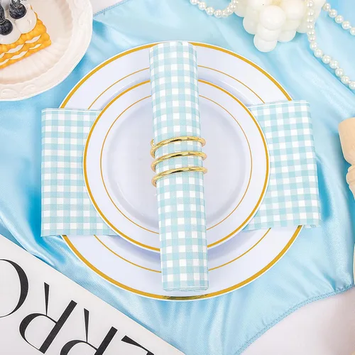 Vista 6 de WDF Paquete de 150 servilletas de papel azul bebé, 3 capas, desechables, color azul y blanco, servilletas de cena de invitados de papel para baño