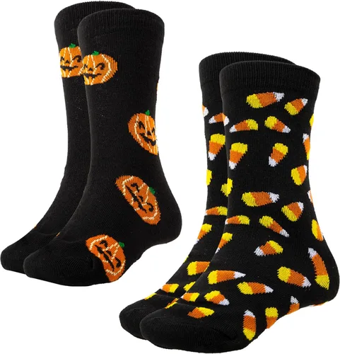Windy City Novelties - 2 pares de calcetines de Halloween para niños Jack O Lantern Pumpkin Candy Corn Designs para niños y niñas Suministros de