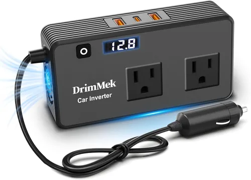 DrimMek Inversor de Corriente para Automóvil de 200W, Salida de Adaptador de Enchufe de Automóvil Inversor DC 12V a 110V AC Encendedor de
