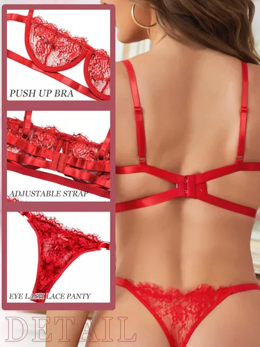 Vista 2 de Dlsave Lencería sexy para mujer, conjunto de brasier y braga a juego de malla de encaje de pestañas, bralette de encaje push up, conjunto