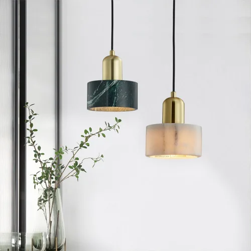 Vista 3 de Nordic Retro Single Head Chandelier Modern Brass Pendant Lamp with Natural Marble Shade Minimalist Hanging Light for Bedroom Bedside Dining Room