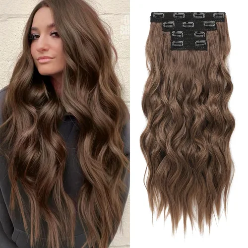 Vista 26 de REECHO Extensiones de cabello con pinza, 4 piezas de extensiones de cabello rubio de 24" de largo, ondas de playa gruesas, HE003, trama de encaje