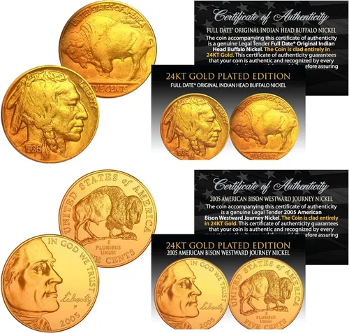 Then & Now Buffalo - Juego de 2 monedas de 5 centavos bañadas en oro de 24 quilates - Níqueles de los años 1930 y 2005 BOGO