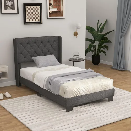 Vista 4 de Giantex Base de cama individual para niños, cama tapizada de tela moderna con cabecera capitoné con botones en la parte trasera de alas, base