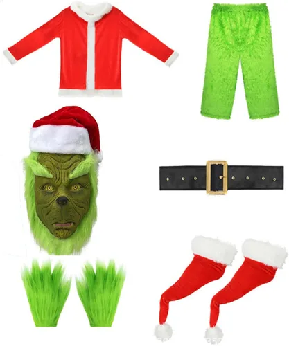 Vista 3 de Greatooly Disfraz feo de monstruo verde de Navidad, 7 piezas con abrigo de Papá Noel, pantalones verdes, cinturón, funda de zapatos, guantes
