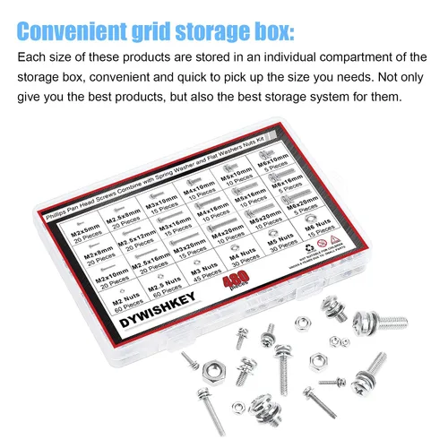 Vista 7 de DYWISHKEY 480 tornillos de cabeza Phillips de acero inoxidable 304 M2 M2.5 M3 M4 M5 M6, 304 tornillos de cabeza plana Phillips combinan con arandela