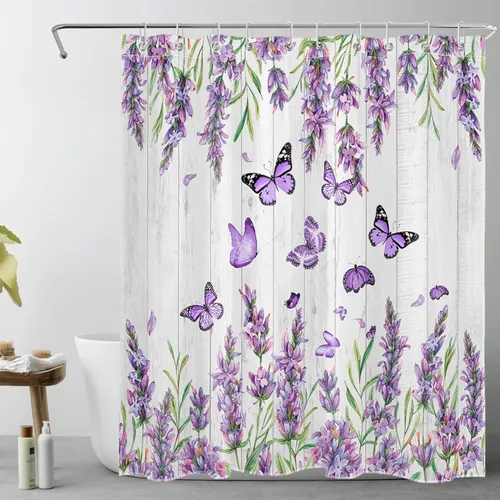 LB Lavender Butterfly Shower Curtain Purple Lavender Butterfly with Green Leaf on Wood Board Bathroom Shower Curtain Plant Bathroom Decor with Hooks