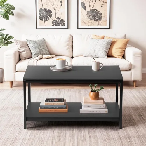 Vista 8 de SUPER DEAL - Mesa de café industrial de 2 niveles con estante de almacenamiento para apartamento pequeño, sala de estar, mesa auxiliar rectangular
