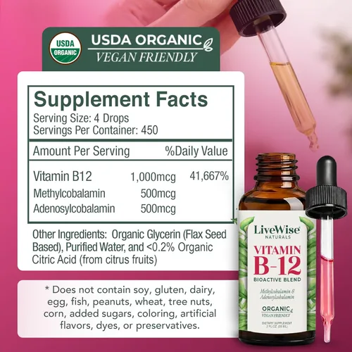 Vista 2 de Vitamina B12 Sublingual líquida – Gotas veganas de vitamina B12 líquida totalmente natural – Suplemento de adenosilcobalamina sin OMG
