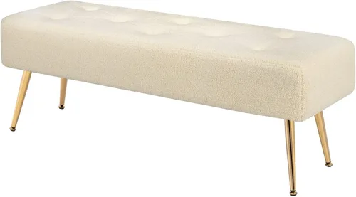Furniliving Banco otomano moderno de 44 pulgadas, bancos de entrada tapizados de tela de piel sintética con marco de metal dorado para sala de