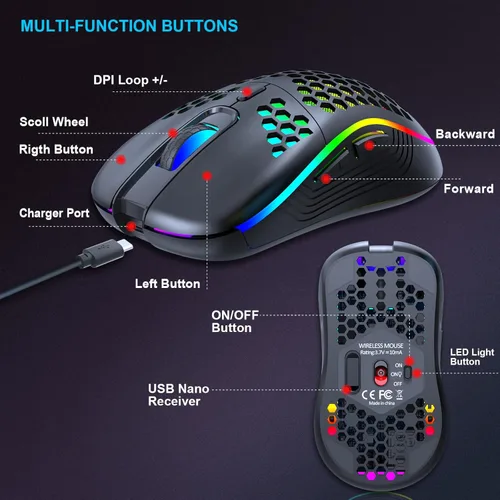 Vista 6 de JYCSTE Ratón inalámbrico para juegos, mouse ergonómico de computadora recargable, diseño de panal con retroiluminación RGB, receptor USB, 6 botones